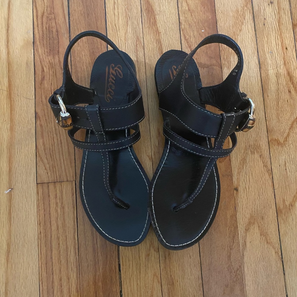 Gucci black sandals with white sticking and bamboo buckle